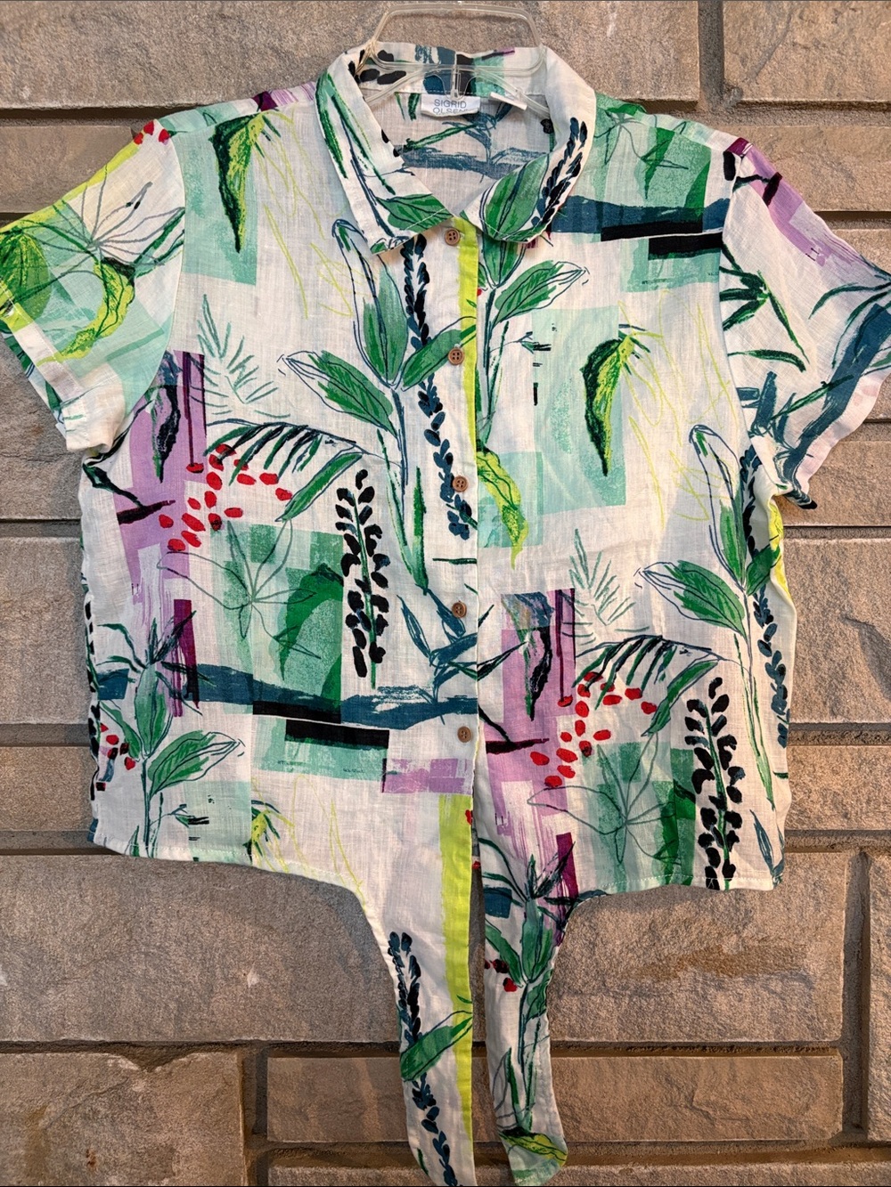 Sigrid Olsen Multi-Color Botanical Tie-Hem Button Down Linen Shirt
